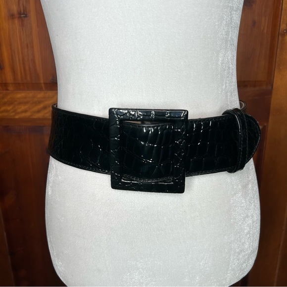 Macy's Vintage '85 Black Croc-Embossed Wide Leather Statement Belt Retro Classic - Picture 1 of 14